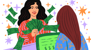 illustration of woman holding a lot of money ready to buy something, self-care splurge