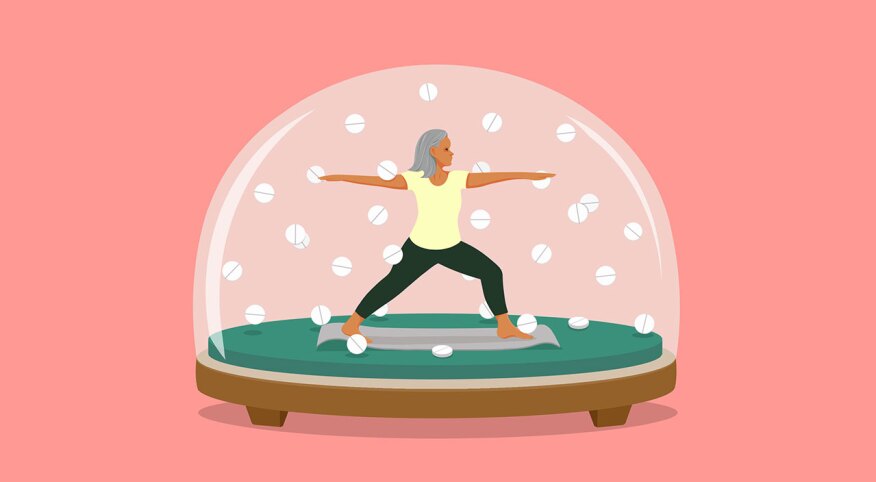 image of woman in snow globe with estrogen pills floating around