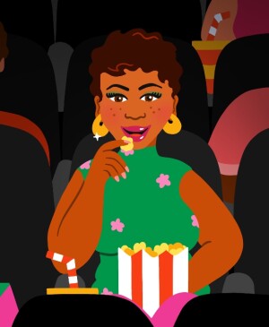 illustration of woman enjoying a solo date at the movie theater surrounded by other couples