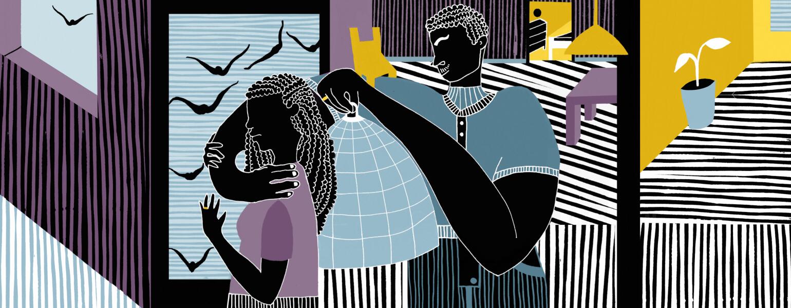 illustration of controlling spouse wrapping his arm around his wife