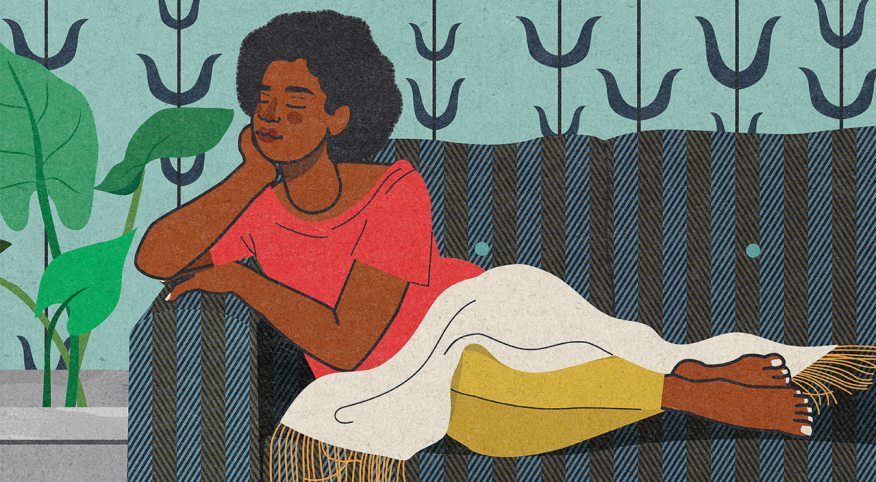 illustration of woman relaxing on couch, joy of doing nothing