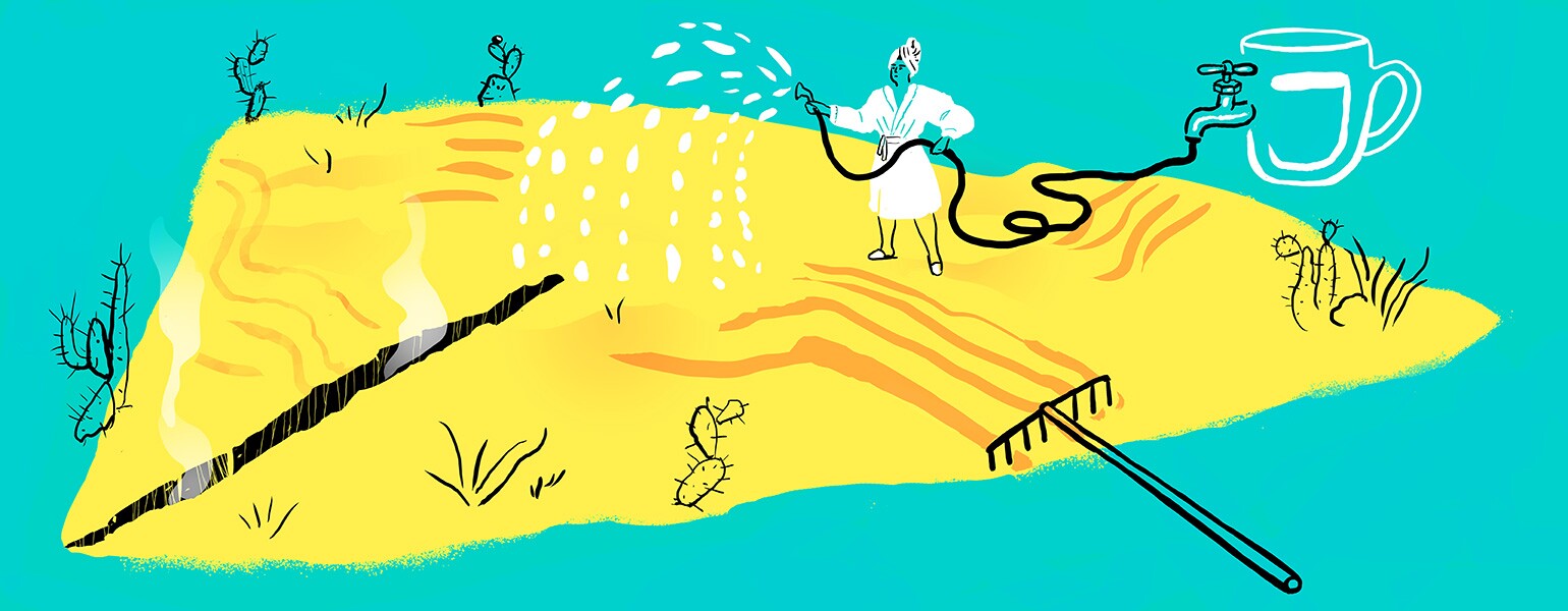 An illustration of a woman spraying water on a dry desert drawn to resemble a vagina.