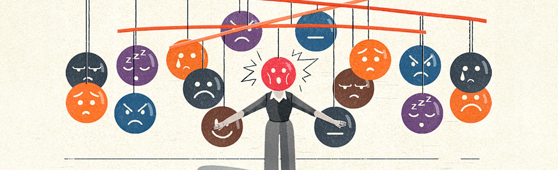 illustration of different negative emotions circling around lady because of perimenopause