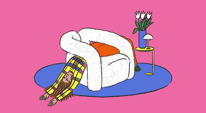 image of woman exhausted laying over white chair, humming, lower stress