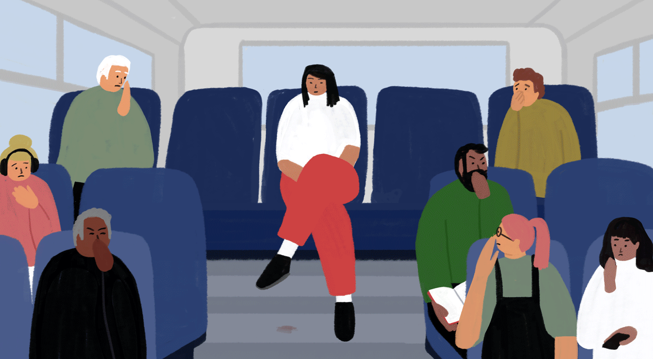animated illustration, people on bus, woman with poop, smelling shoe