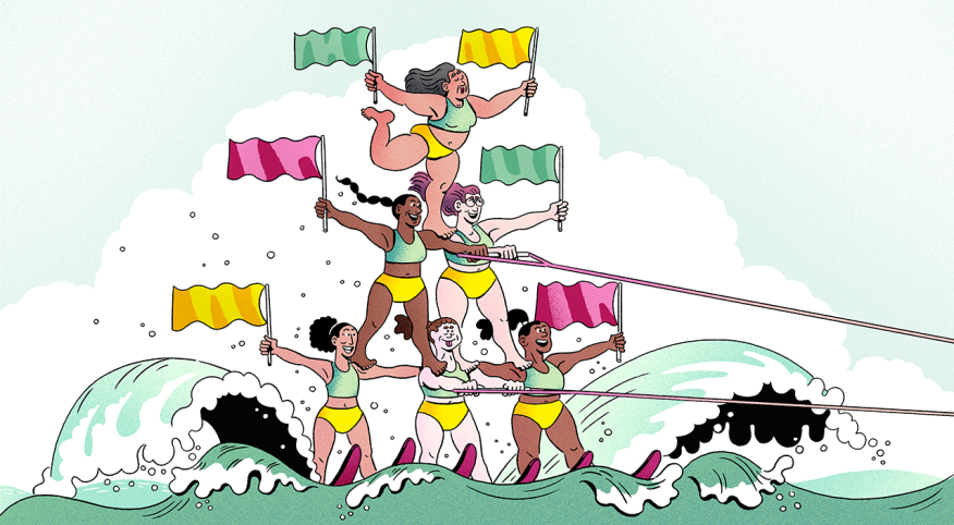 illustration of middle-aged woman having fun water skiing on ocean