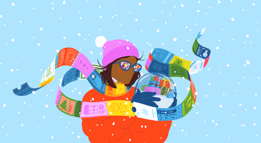 illustration of woman dressed in winter clothing, wrapped in scarf made out of coupons and holding snow globe