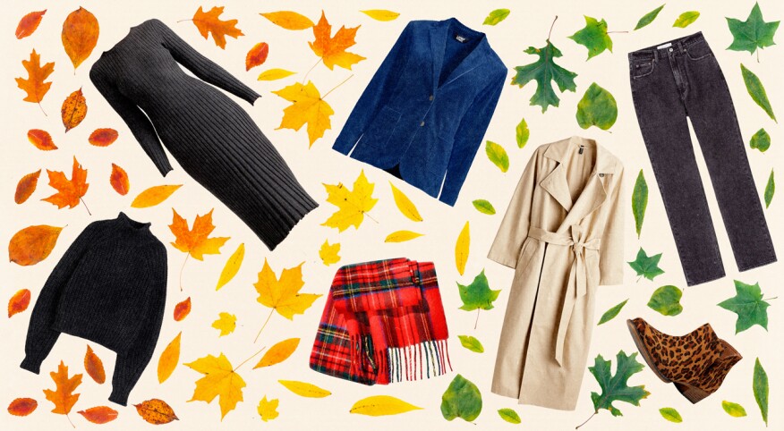 Collage of fall clothing with fall leaves in background