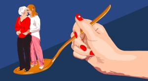illustration of mother and daughter on a spoon held by a hand