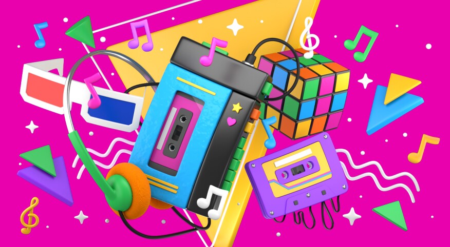 illustration of cassette player surrounded by things from the 80s, 80s playlist, music