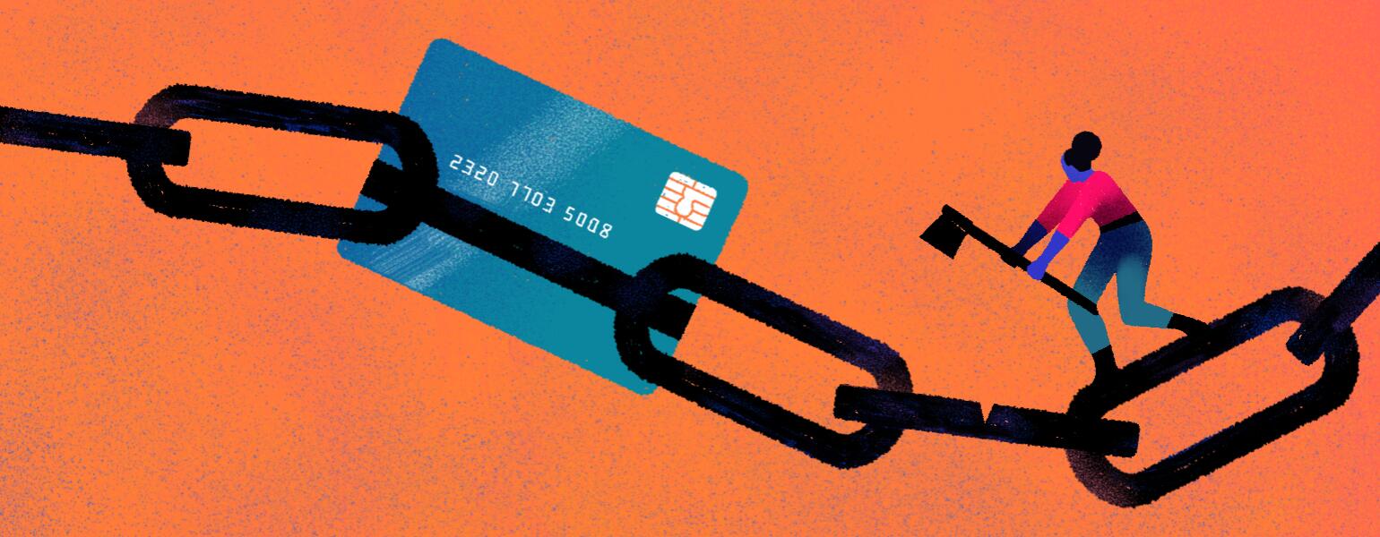illustration of lady cutting off credit card debt by chiara ghigliazza