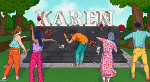 Stone Karen monument, people throwing, tomatoes, illustration, elly rodgers