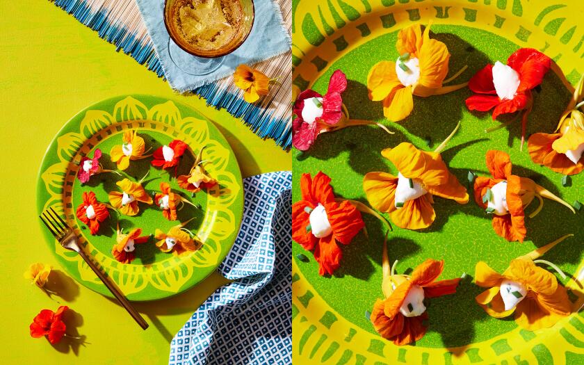 Fresh Nasturtium flowers overhead on green plate