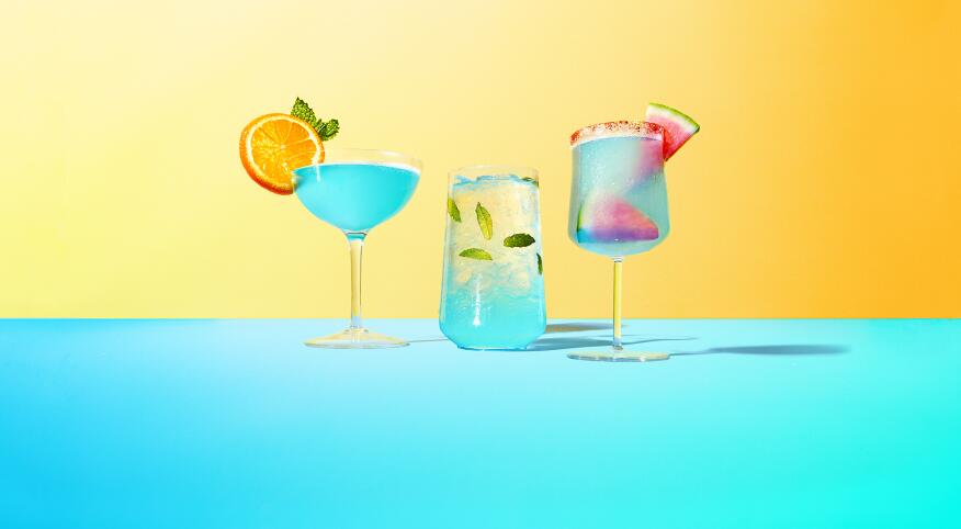 Three beautiful blue cocktails