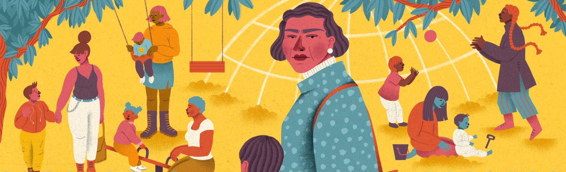 illustration of older mother at a playground with her child and other children and adults