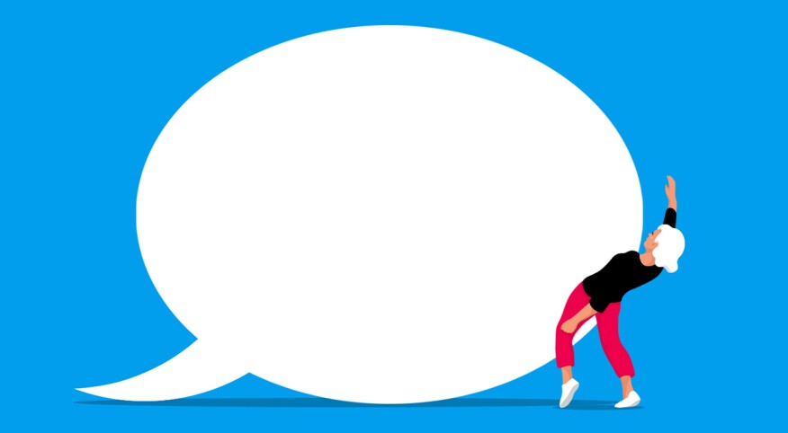 illustration of woman dodging a big speech bubbles, receiving compliments