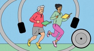 illustration of older man and woman running and reading, healthy lifestyle