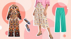 photo collage of clothes to wear in spring, jumpsuit, pants, dress, sweater, comfy shoes, spring season, fashion