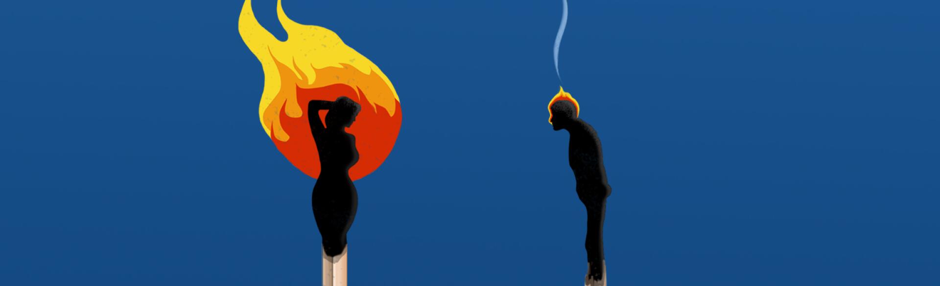 An illustration of a man and woman as matches - the woman's match is on fire as she strikes a sexy pose, while the man's match looks burned out as he slumps forward.