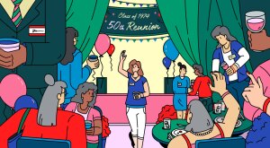 illustration of woman attending her high school's 50th reunion