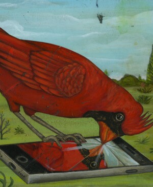 Illustration of a cardinal breaking a cell phone screen with its beak