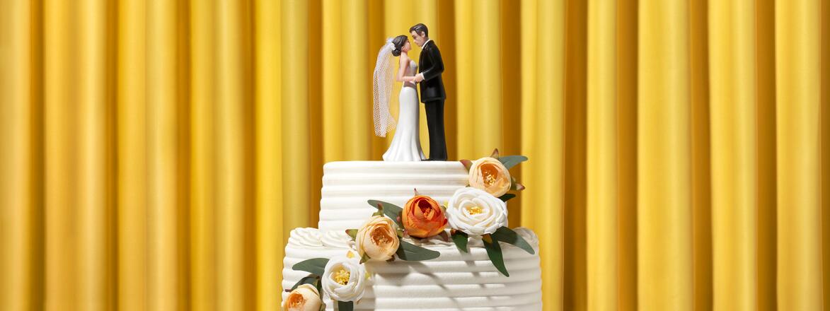 Wedding cake toppers looking deeply at each other 