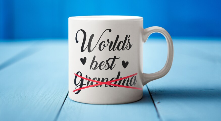 "World's best Grandma" mug with the word "Grandma" crossed out