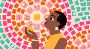 woman, in front of bright color sticky notes, illustartion