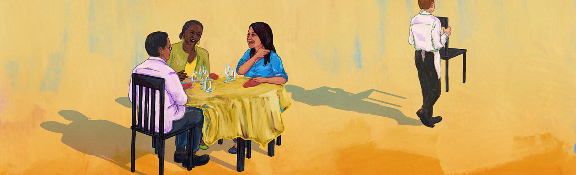 illustration of women sitting at a dinner table and waiter walking away with an empty chair
