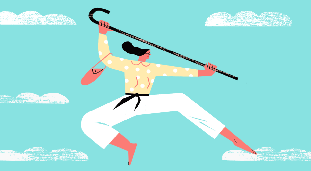 gif, animation of woman in martial arts position holding a cane and purse