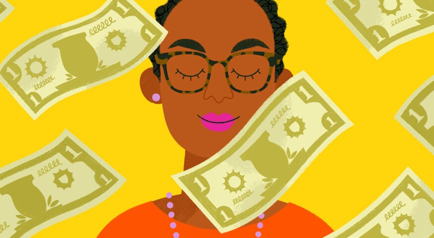 illustration of woman with eye closed surrounded by dollar bills