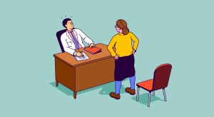illustration of woman standing up to doctor sitting at desk