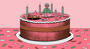 illustration of woman meditating on top of birthday cake, turning 80