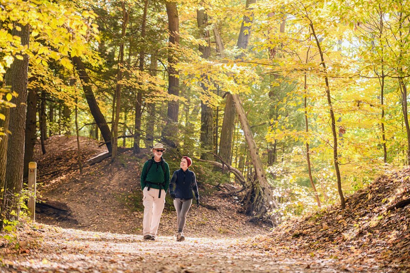 Couple hiking in Saugatuck in fall