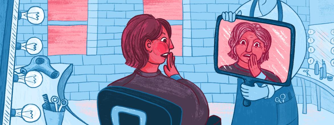 illustration of woman looking in the mirror and seeing her mom