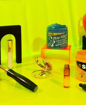Beauty products on lime green background