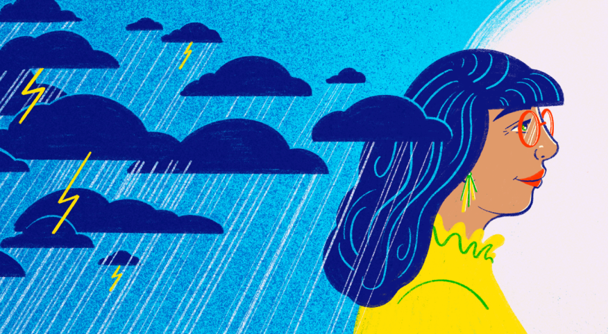 illlustration of woman walking away from stormy weather, phrase to help my worst day