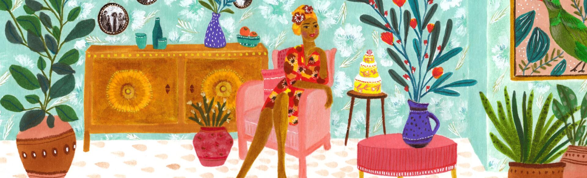 illustration of a woman sitting happily in her apartment on a chair next to a birthday cake