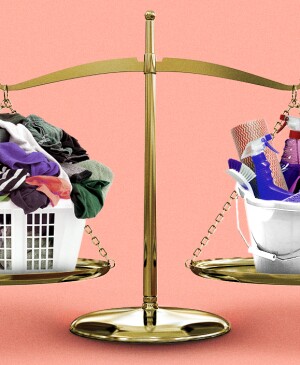 photo collage of basket of laundry and container of cleaning supplies on balance scale