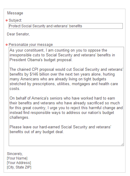 Contact Form to Senators, Oppose President Obama's Social Security and veterans cuts