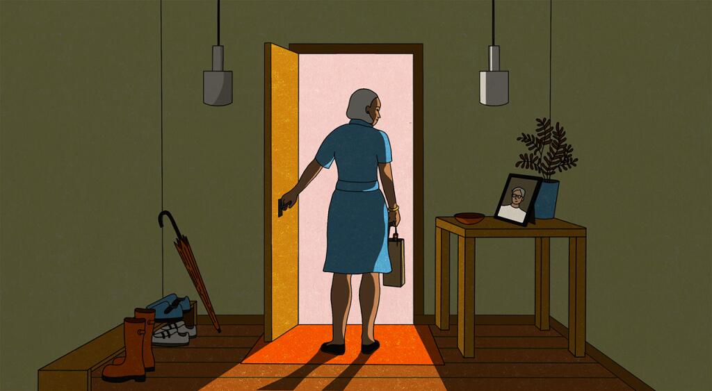 illustration of woman walking out of room looking at deceased husbands portrait on table, widow