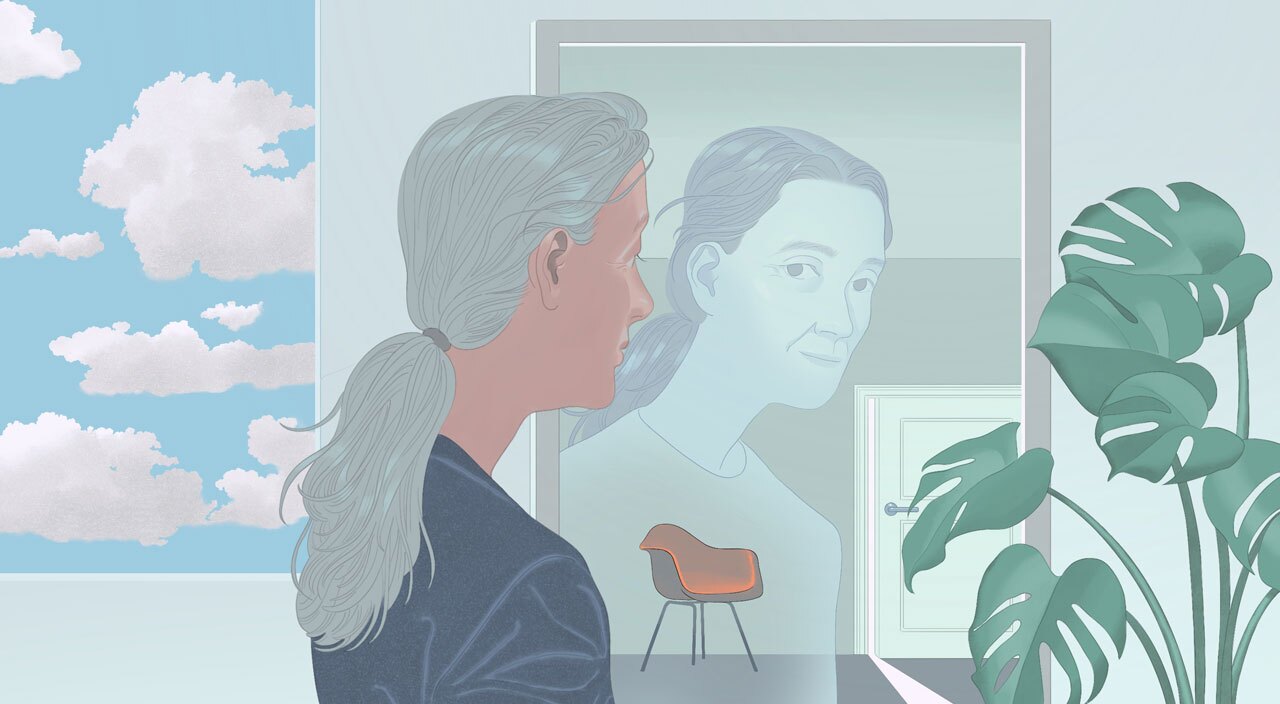 illustration of aging woman seeing her younger self reflected on mirror