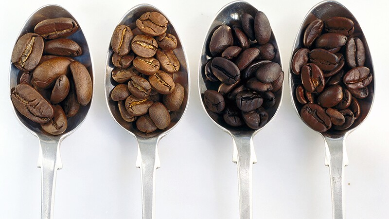 A close-up view of four spoons with different coffee beans