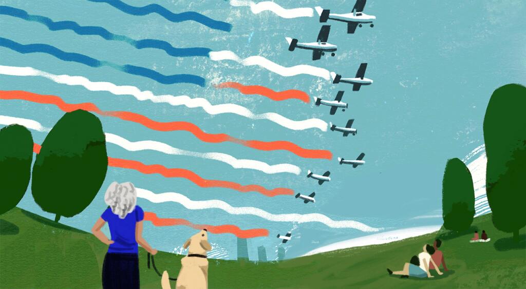 Illustration of woman watching planes in the sky creating an American flag with their jet stream