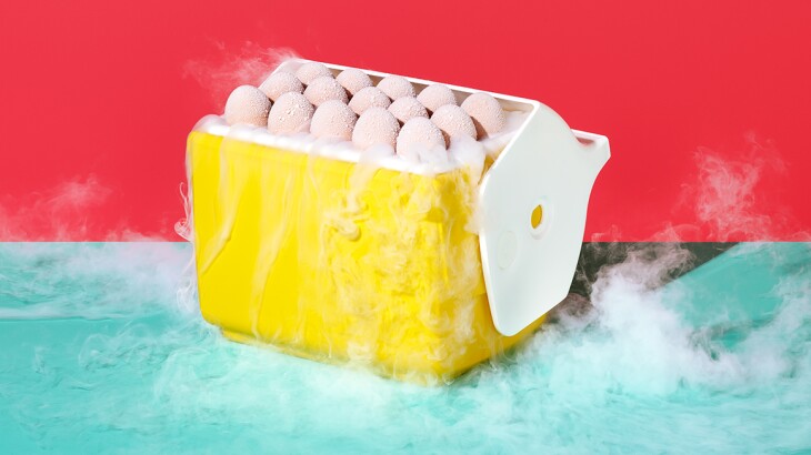 Frozen eggs with cold smoke in a yellow cooler