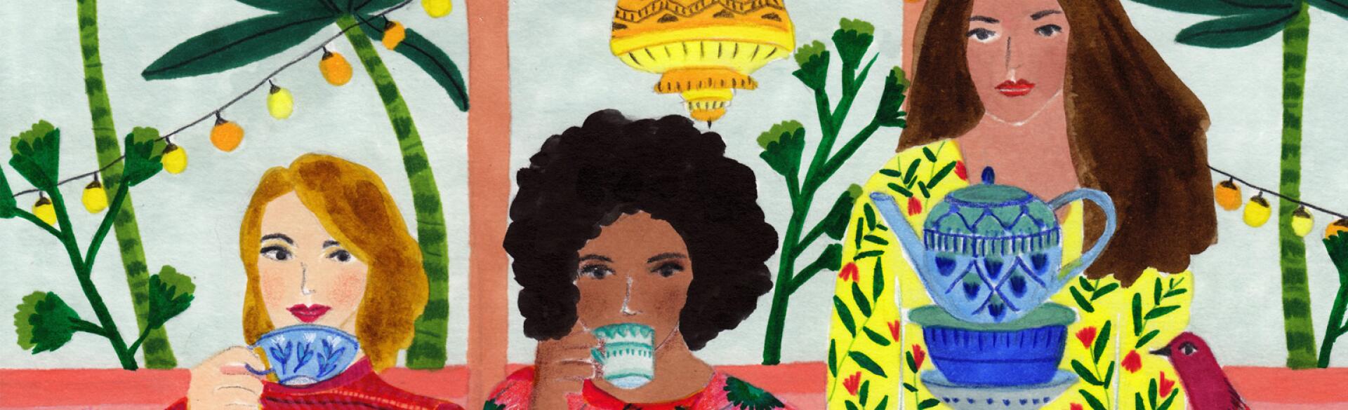 illustration of ladies drinking tea by roeqiya fris