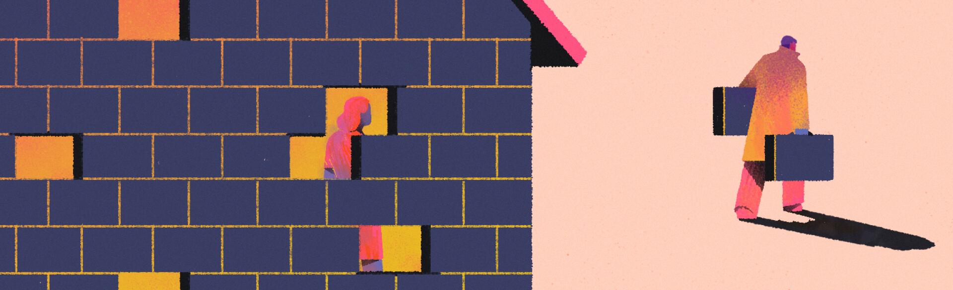 Illustration of a husband leaving for work while wife is lonely in the house by herself.