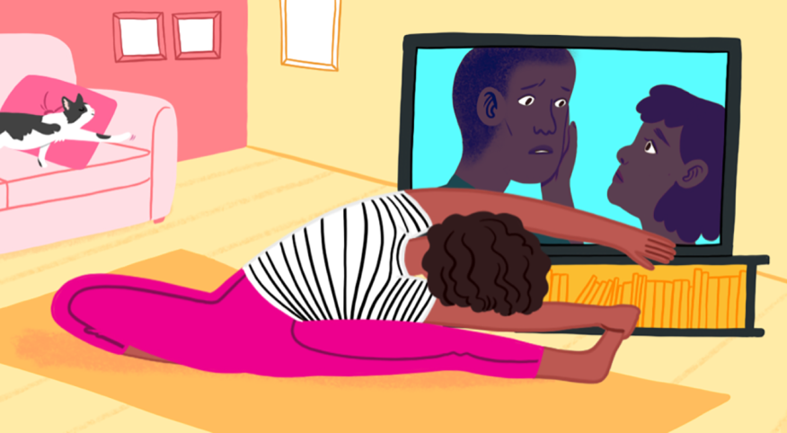 illustration of woman doing stretches while watching tv by nicole miles