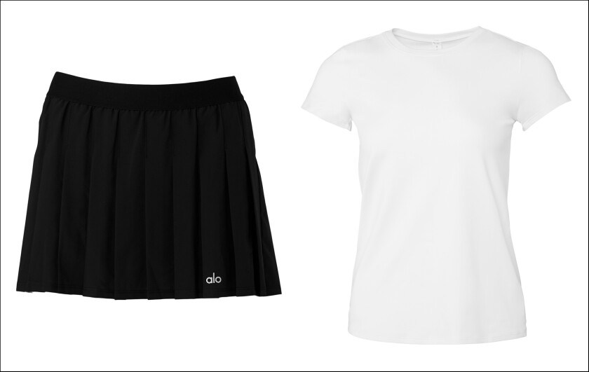 Black Alo Yoga Varsity Tennis Skirt and White Alosoft Finesse Tee