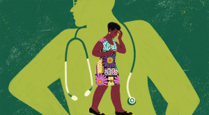 illustration of black woman looking worried standing in front of doctor silhouette